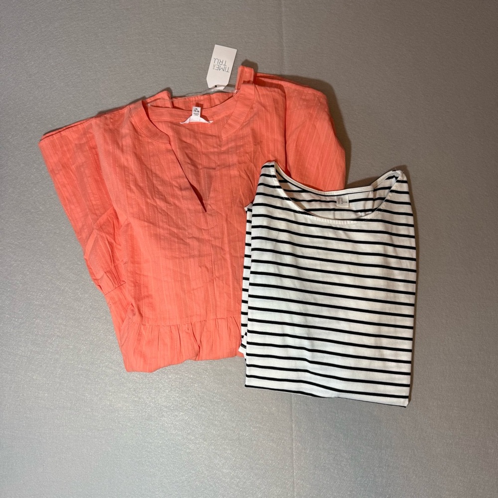 Women’s XL 2 Dress Lot- Coral Tiered Dress and Black and White Striped Dress